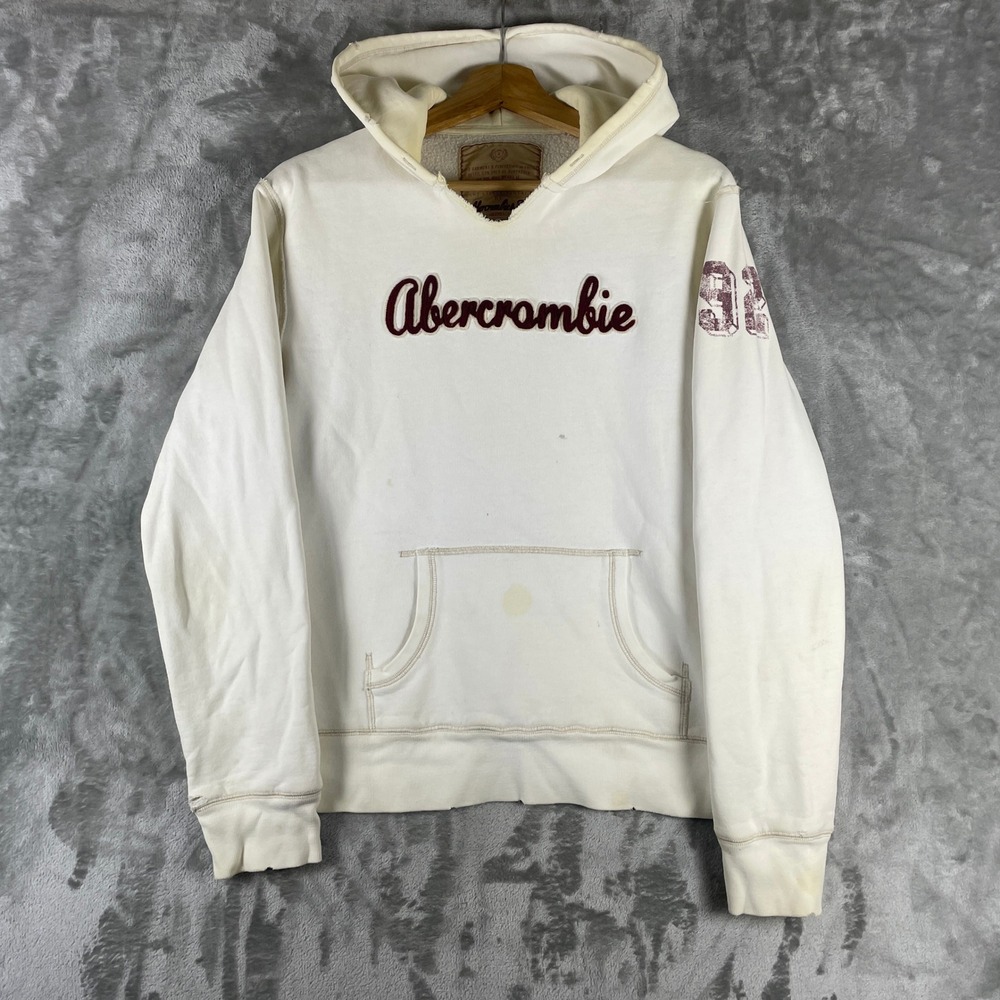 Vintage Abercrombie Hoodie Mens S White Pullover Logo Graphic Distressed